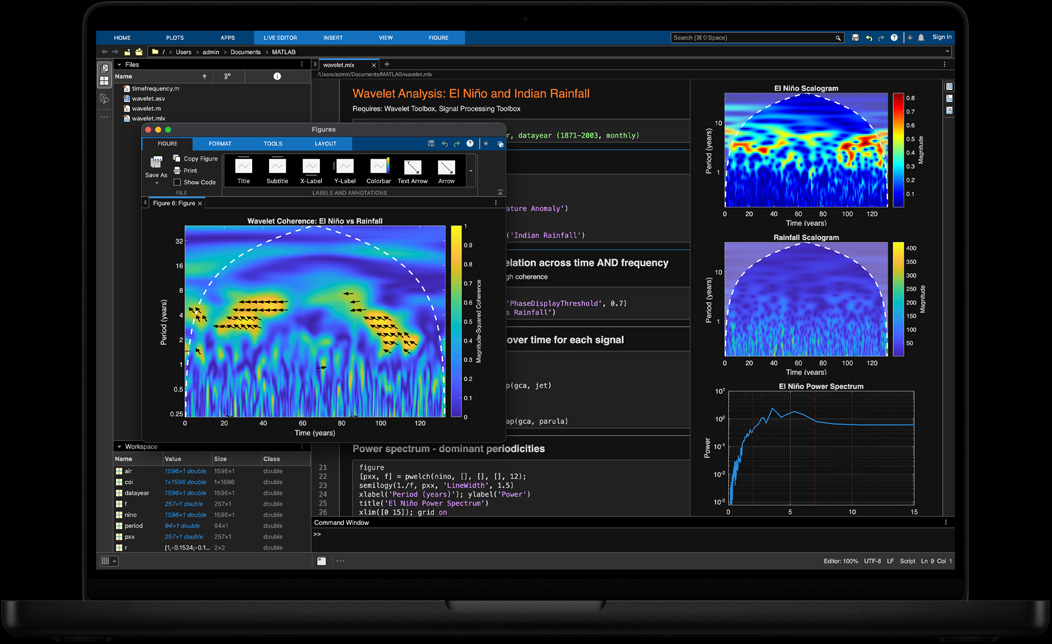 Pantalla de una MacBook Pro en la que se está usando MATLAB para procesar y visualizar datos geoespaciales