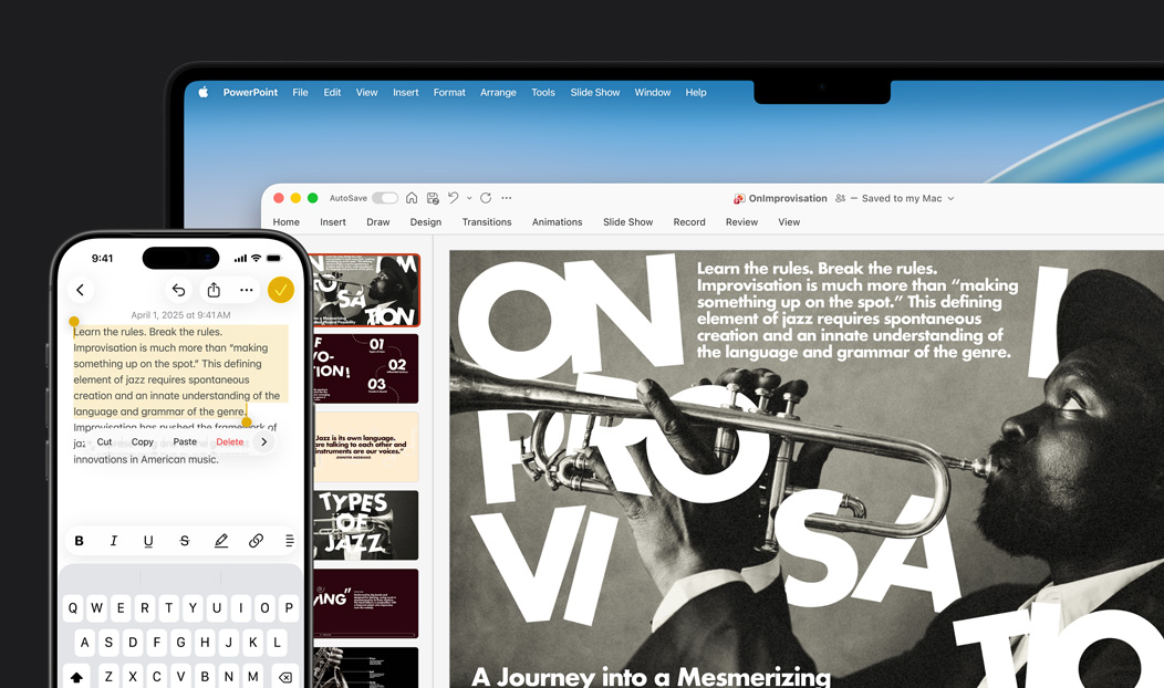 iPhone 16 Plus con texto resaltado en la app Notas, MacBook Pro con una diapositiva de Keynote abierta, el texto de la app Notas también aparece en la diapositiva