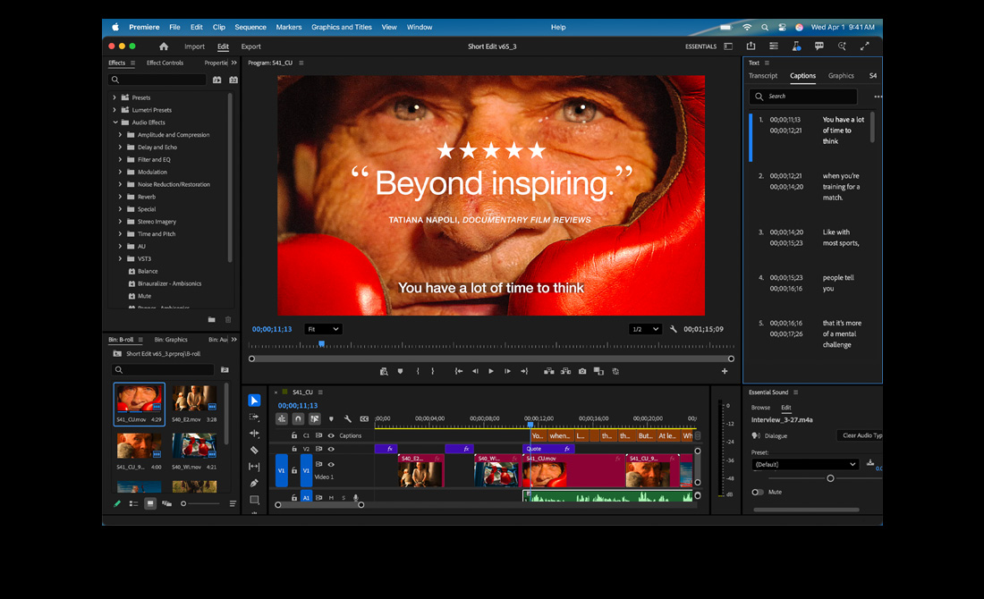 Pantalla de una MacBook Pro que muestra la edición de un video con el título Eternal Play en Adobe Premiere
