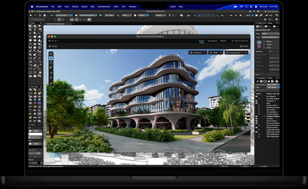 MacBook Pro 螢幕顯示 Vectorworks Design Suite 搭配 Maxon Redshift