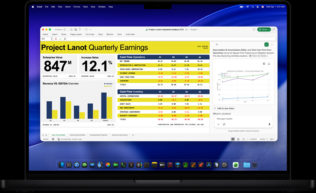 MacBook Pro 螢幕展示正在使用 Excel 製作季度收益報告