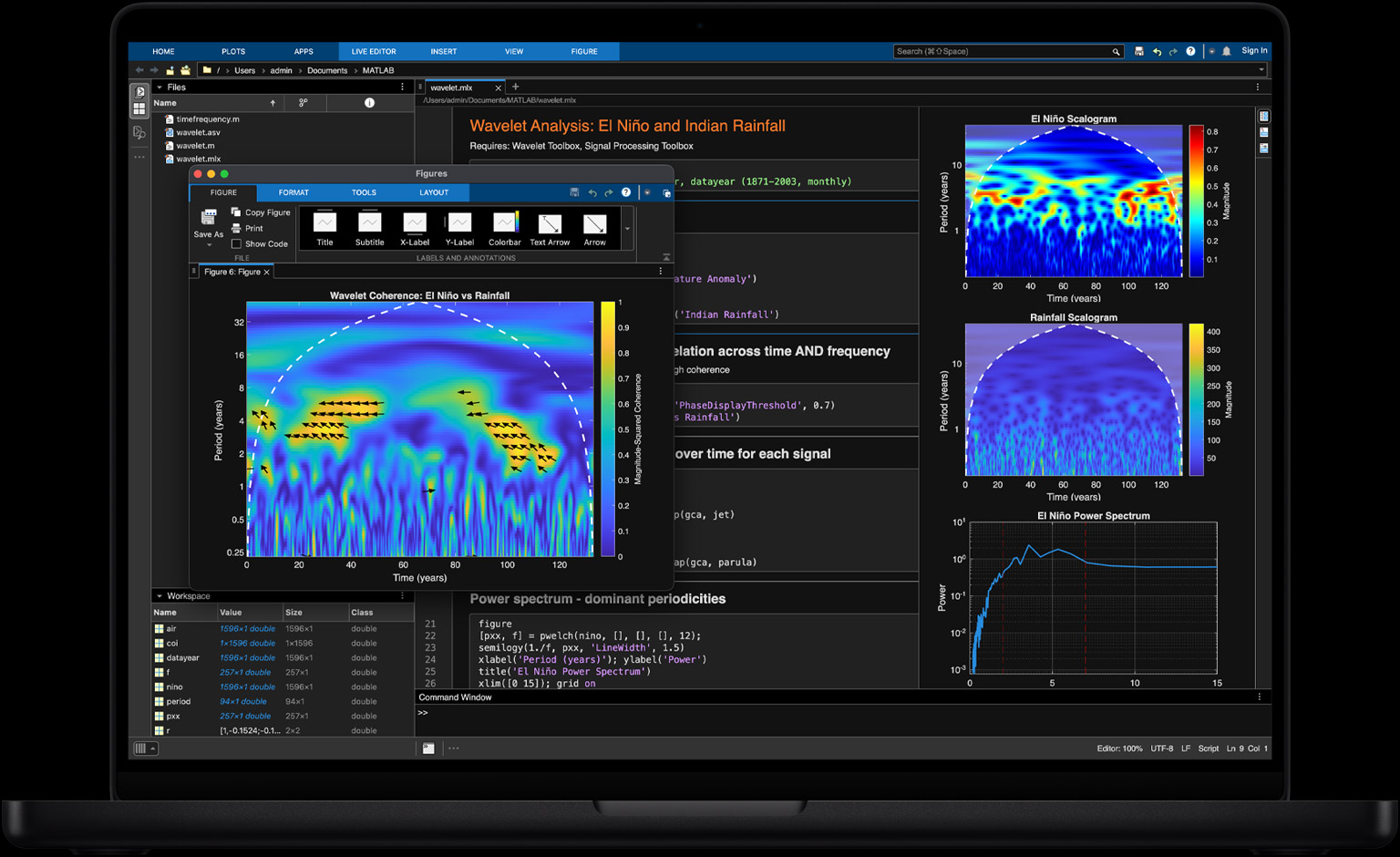 MacBook Pro screen of MATLAB being used for geospatial data processing and visualization