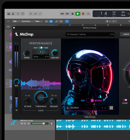 MacBook Pro 螢幕內容展示 MicDrop 外掛模組運用 AI 功能在 Logic Pro 中編輯一段人聲錄音