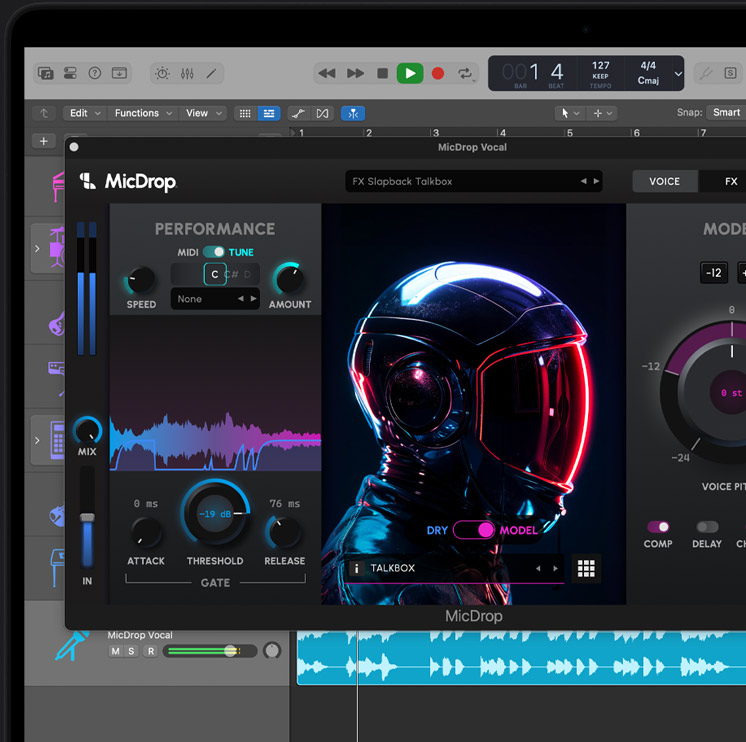 Screen content on MacBook Pro demonstrating MicDrop plug-in using AI features to edit a vocal recording on Logic Pro