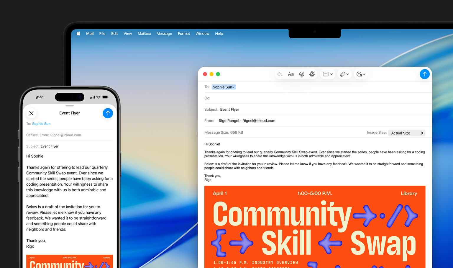 iPhone 16 Plus and MacBook Pro, Mail app open, same email draft displayed on both screens