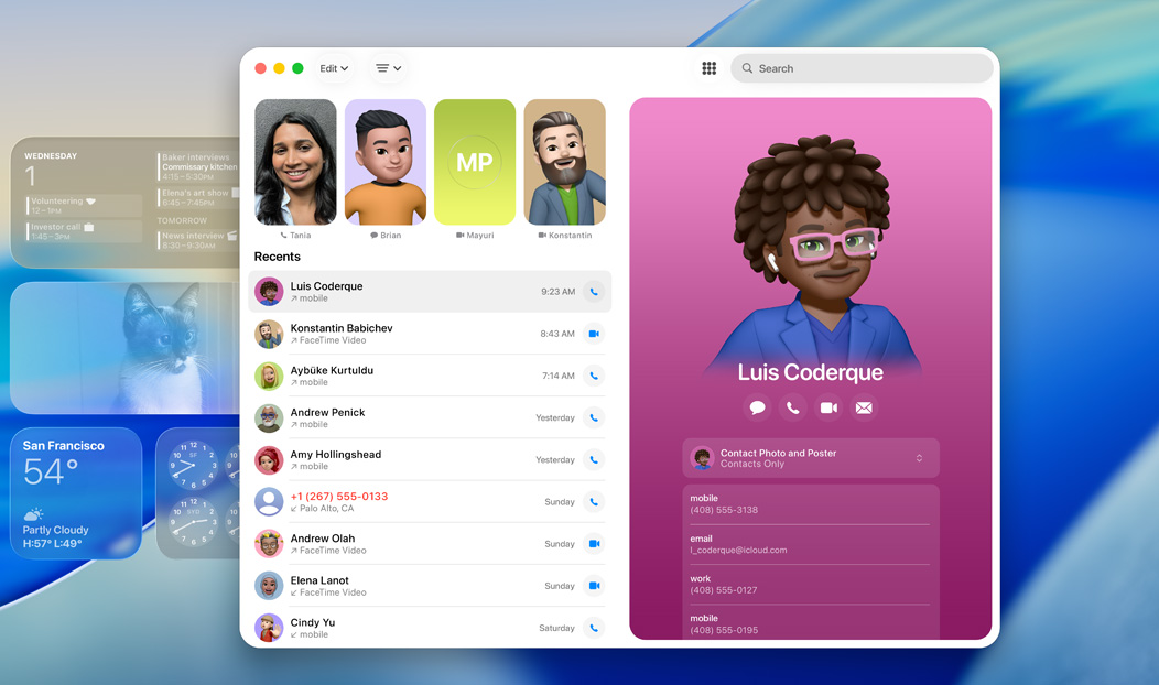 MacBook Pro 展示打開的電話 app，以及最近通話的聯絡人