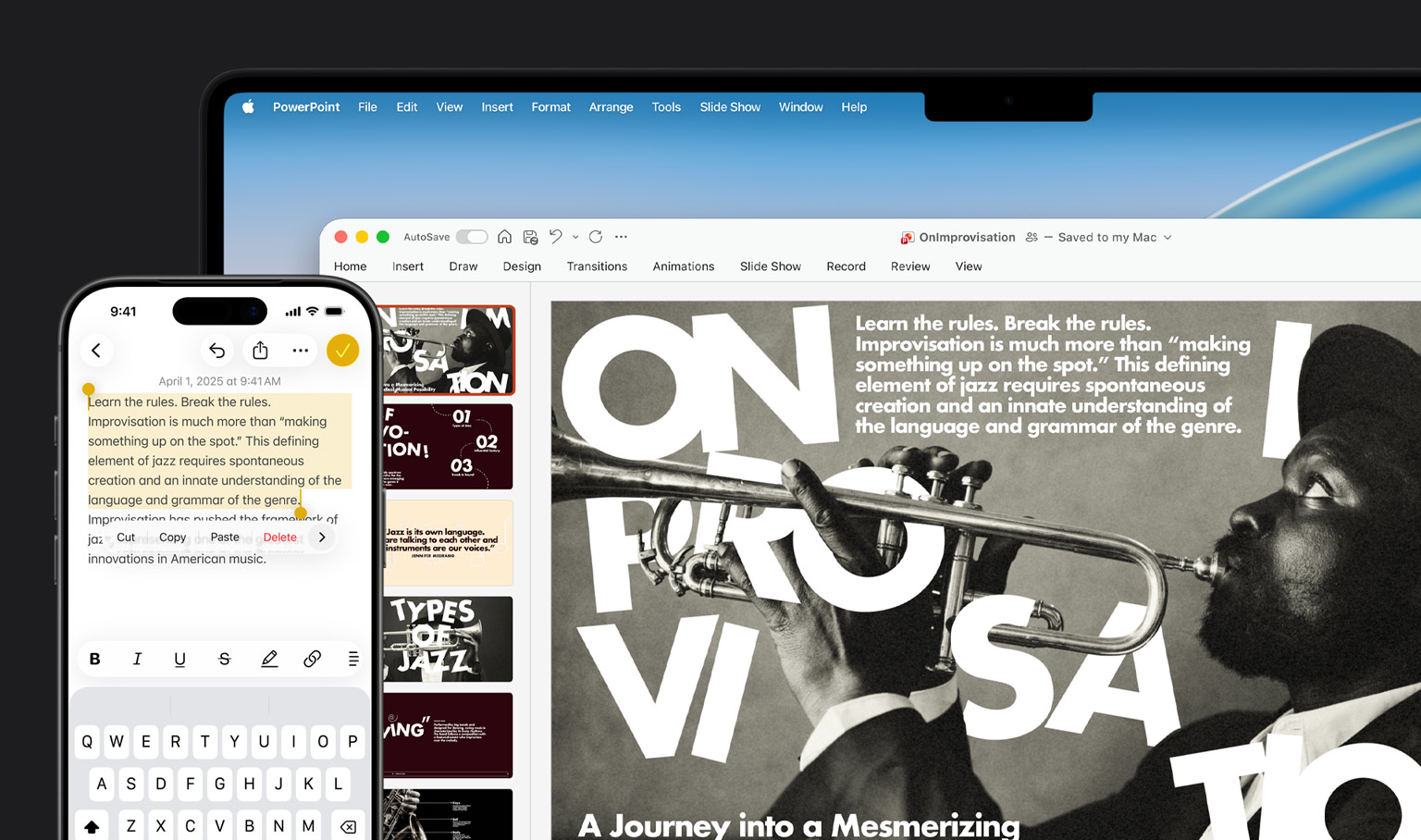 iPhone 16 Plus with text highlighted in the Notes app, MacBook Pro with a Microsoft PowerPoint slide open, text from Notes app is visible on the slide