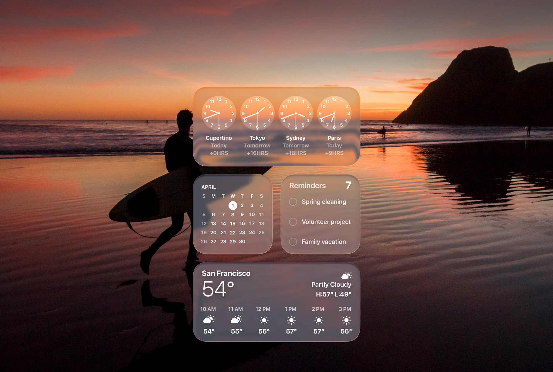Liquid Glass Clock, Calendar, Reminders, and Weather widgets on macOS Tahoe screen over a scene of a surfer walking on the beach at sunset