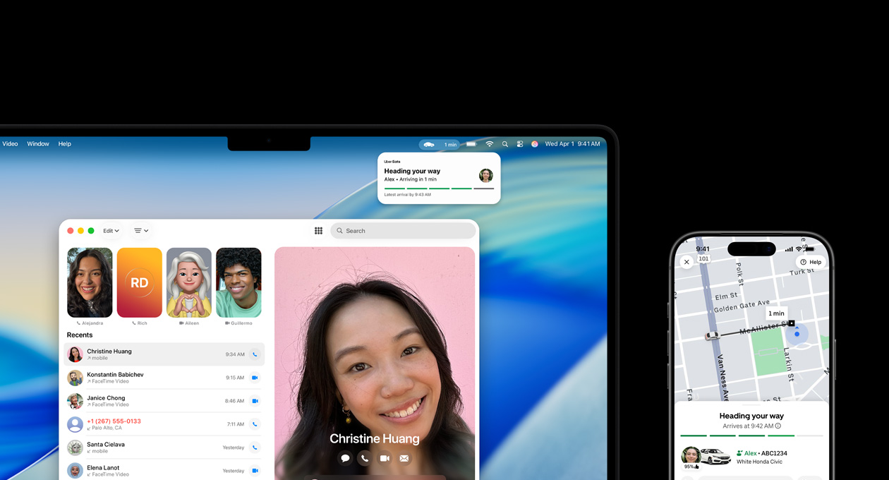 MacBook Pro 和 iPhone 並排放置，MacBook Pro 螢幕顯示電話 app 和 Uber app 的即時動態，iPhone 則顯示 Uber app
