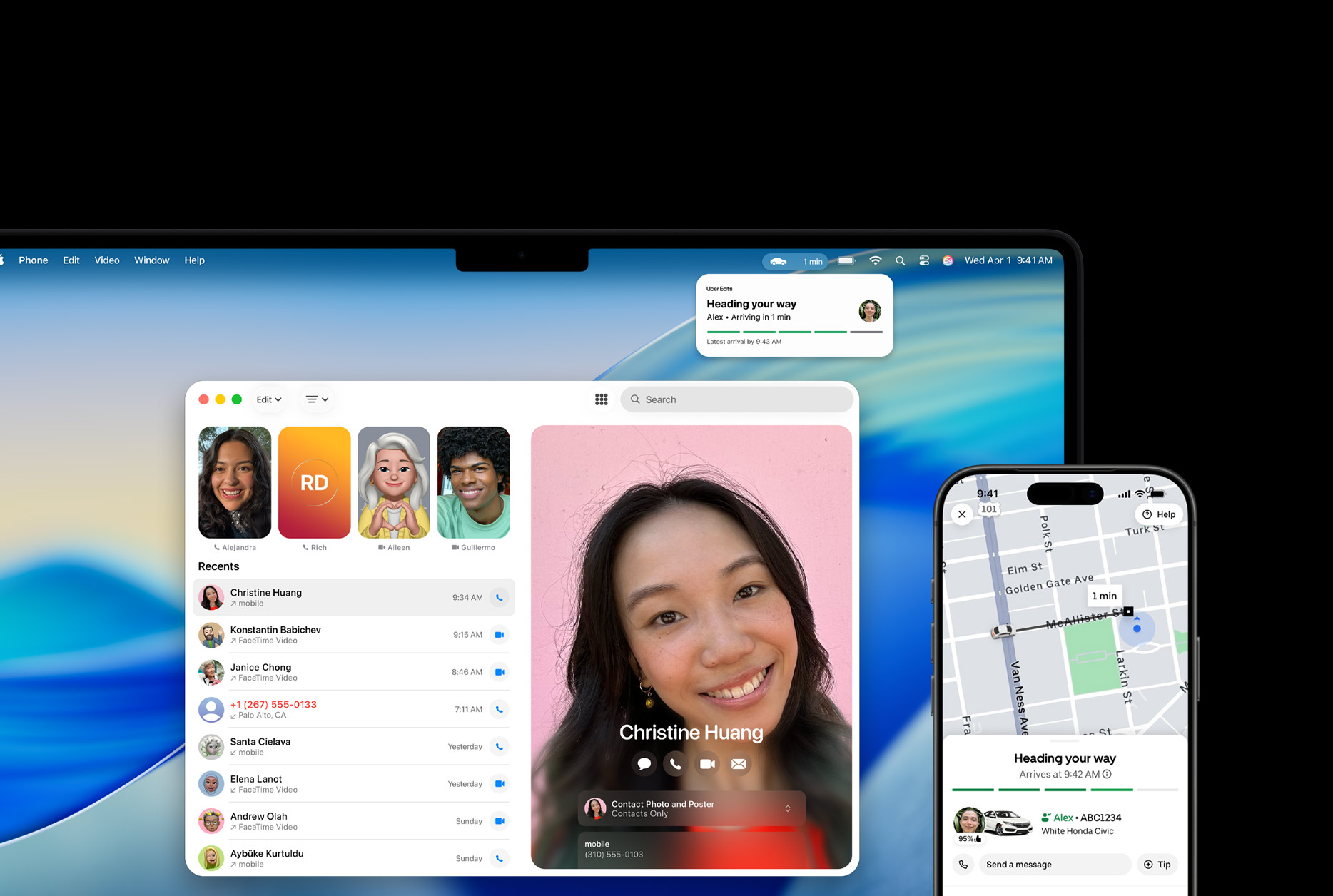 A MacBook Pro and iPhone side by side, MacBook Pro screen displays the Phone app and Live Activities from the Uber app, iPhone shows the Uber app