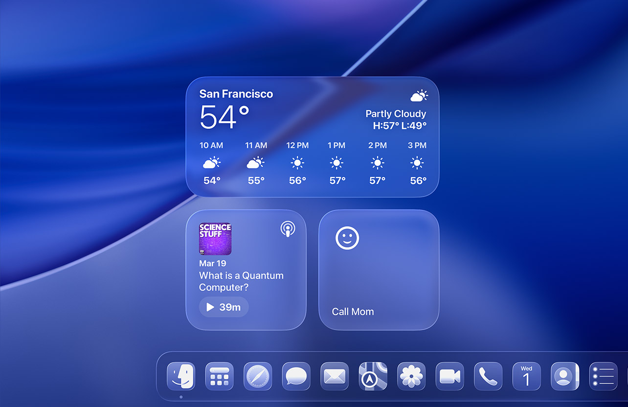 Liquid Glass Weather, Podcasts, and Reminders widgets on macOS Tahoe screen