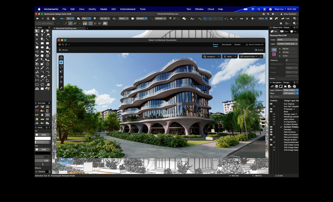 MacBook Pro 螢幕顯示 Vectorworks Design Suite 搭配 Maxon Redshift