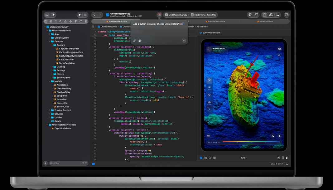 MacBook Pro, Xcode, AI assistant prompt reads: Add a button to quickly change units, metres or feet, code editor with Swift code on left, preview on right shows iPad app with 3D scan of a shipwreck on the ocean floor
