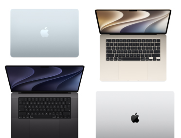 Four Mac computers of various models, sizes and colours, demonstrating the range of customisation