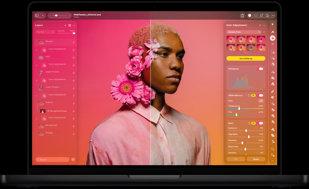 Screen showing Pixelmator Pro, split before and after portrait, pink flowers in subject’s hair, left side vibrant pink colour tones, right side neutral tones, Layers panel on left, Colour Adjustments panel on right