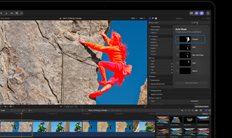 MacBook Pro, Final Cut Pro, Auto Mask panel, People category selected, additional categories: skin, skin and face, hair, mouth, climber in red tones scaling rocky cliff against blue sky
