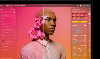 Screen showing Pixelmator Pro, split before and after portrait, pink flowers in subject's hair, left side vibrant pink colour tones, right side neutral tones, Layers panel on left, Colour Adjustments panel on right