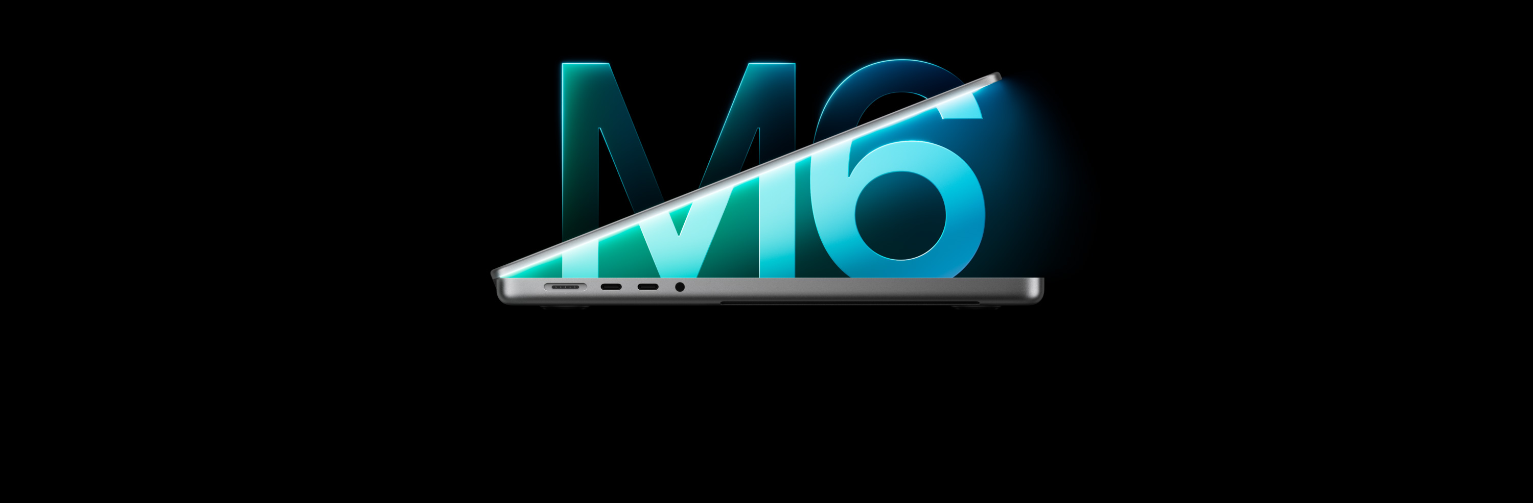 Side profile of MacBook Pro, silver, positioning into the shape of a 6, referencing the M6 chip