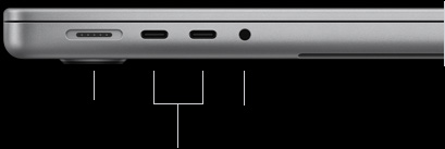 MacBook Pro with M6 chip, silver color, closed, left side, showing the following ports: MagSafe 3, two Thunderbolt 4, and 3.5 mm headphone jack