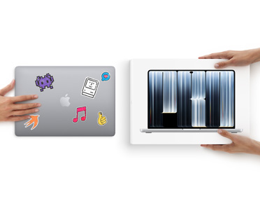 A hand slides a MacBook with stickers on the cover towards two hands holding a new MacBook in the box