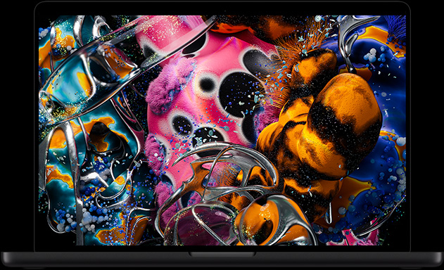 MacBook Pro with PROLED XDR Display, space black color, display shows a detailed image with high contrast and vivid colors
