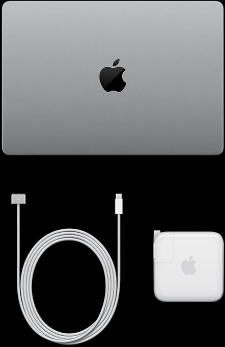 MacBook Pro with PROLED XDR Display, silver color, top, closed, USB-C charging cable and power adapter