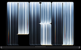 MacBook Pro with PROLED XDR Display, space black color, open, screen shows ribbon-like objects densely patterned with glowing stripes of various widths, spelling the word Pro