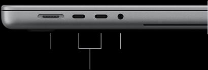 MacBook Pro with PROLED XDR Display, silver color, closed, left side, showing the following ports: MagSafe 3, two Thunderbolt 5, and 3.5 mm headphone jack