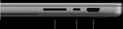 MacBook Pro with PROLED XDR Display, silver color, closed, right side, showing three ports: SDXC, Thunderbolt 5, and HDMI
