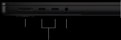 MacBook Pro 14-inch with M5 Pro or M5 Max, closed, left side, showing MagSafe 3 port, two Thunderbolt 5 ports and headphone jack