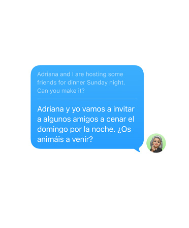 Живая транскрипция в Messages с автоматическим переводом сообщения пользователя «Адриана и я проводим друзей на обед в воскресенье вечером. Ты сможешь прийти?» на испанский