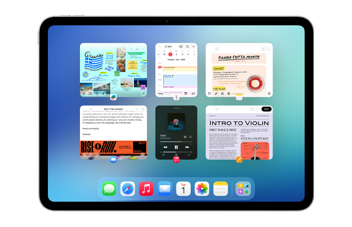iPad, landscape orientation, screen shows six windows open in two rows, including Calendar app, Notes app, Apple Music and Safari