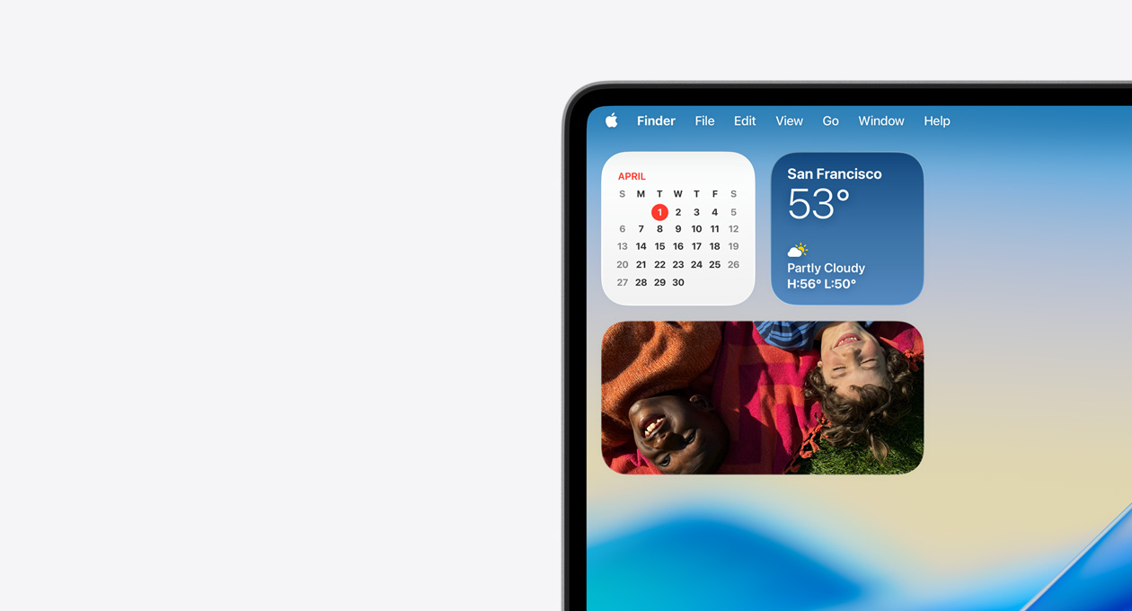 Top left of Mac device screen showing the transparent Menu Bar and Liquid Glass versions of Weather, Calender and Photos app widgets in Notification Centre