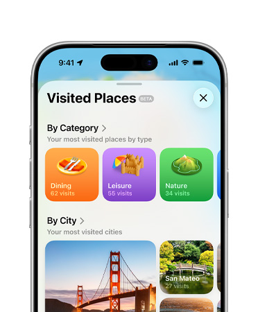 iPhone, apenas a metade superior, a tela mostra o recurso Locais Visitados no app Mapas, incluindo Categorias e Cidades.