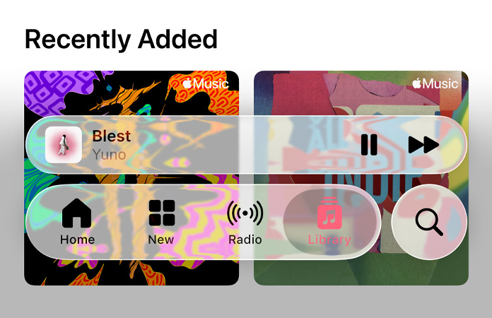 Controles translúcidos no Apple Music refratam o fundo.
