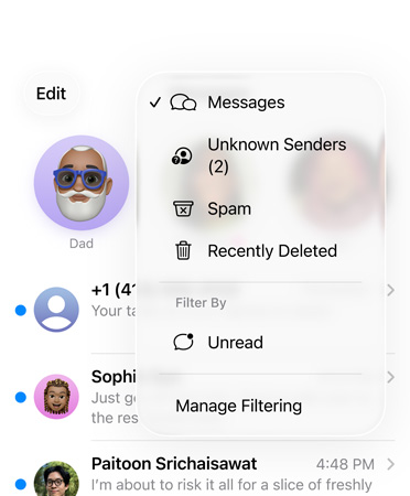 App Mensagens a mostrar a nova funcionalidade de ferramentas de filtro, que agora filtra números desconhecidos na secção Desconhecidos