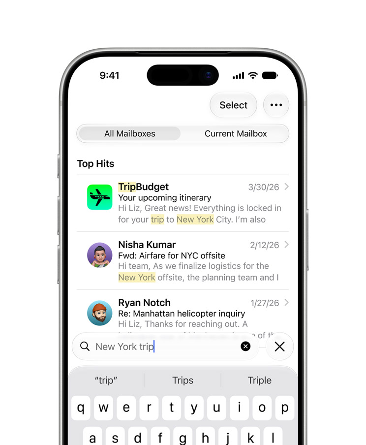 iOS 27のメールで旅行に関する検索結果を表示したApple公式画面