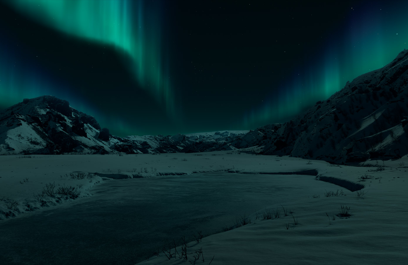 Apple Vision Pro view of an Icelandic Environment, snowy mountains and the Northern Lights sit against a dark background