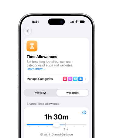 iPhone 18 Pro, Silver, screen shows Time Allowance and Screen Time Schedule options in Settings to allow time and media categories for their child