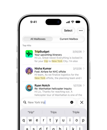 iPhone 18 Pro, Silver, screen showing selection of emails retrieved from search term New York City trip