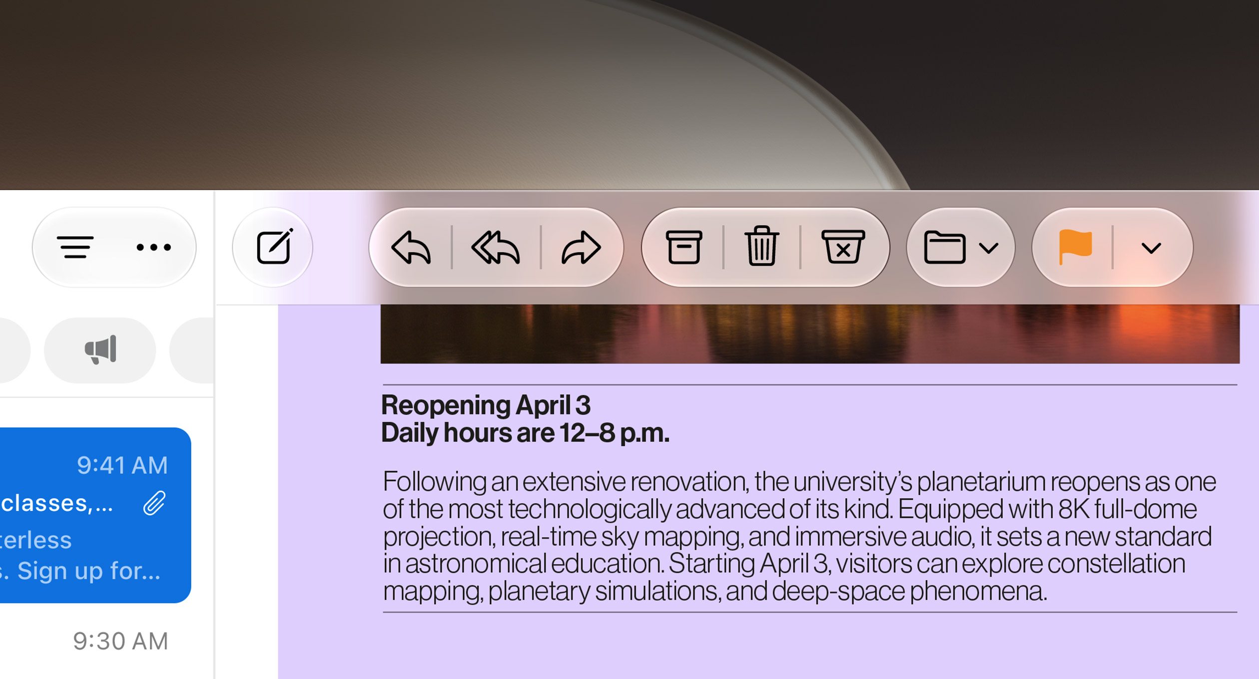 Close-up of a Mail window in macOS 27 showing the refined Liquid Glass toolbar with reply, archive, delete and flag buttons