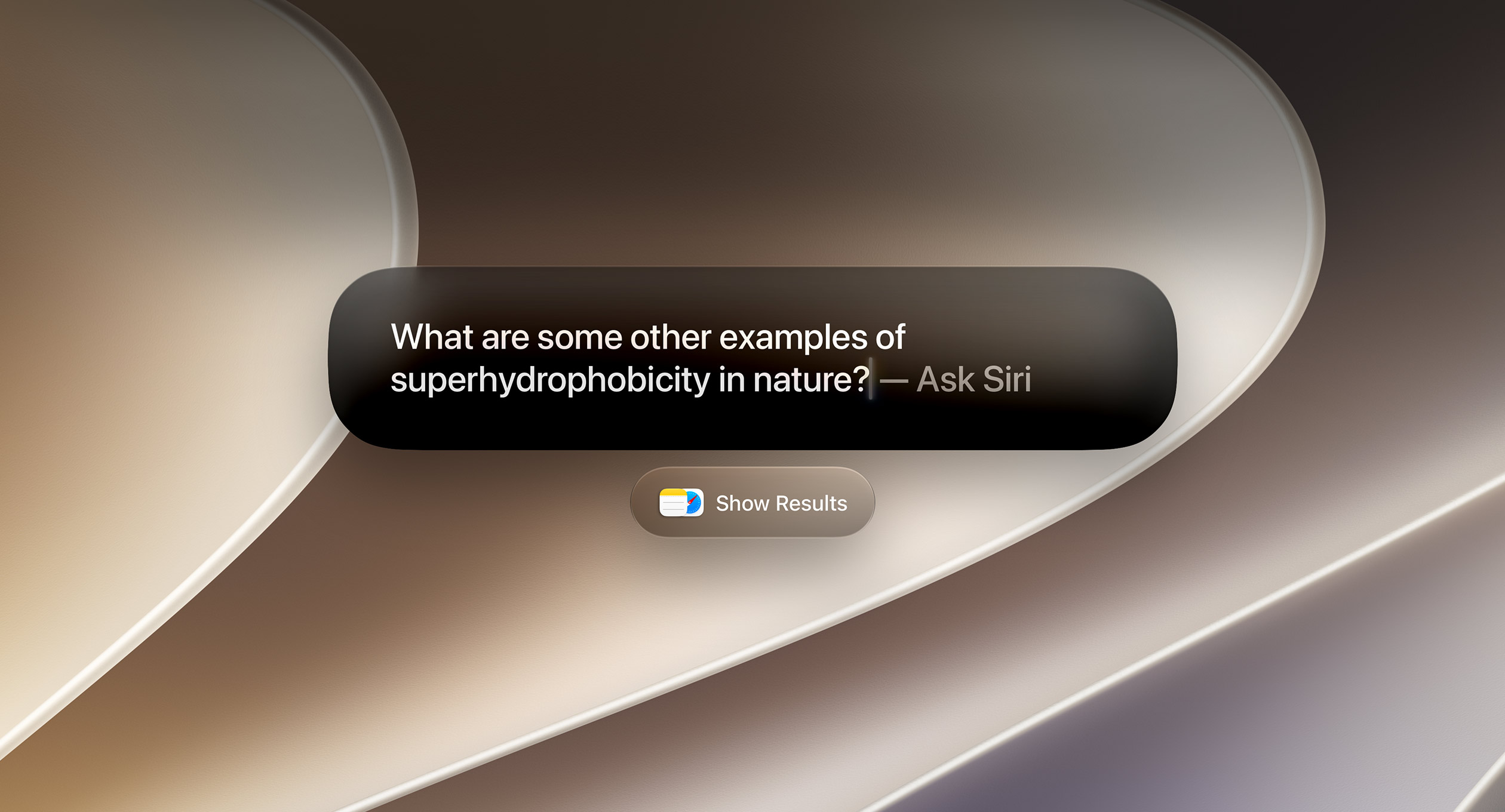 The Siri AI prompt bar in macOS 27 showing a typed question with an Ask Siri suggestion and a Show Results button over a bronze macOS wallpaper
