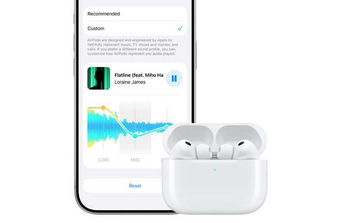 Tela do iPhone 17 Pro prateado mostra opções de ajustes de som personalizados para os AirPods: Graves, Médios e Agudos