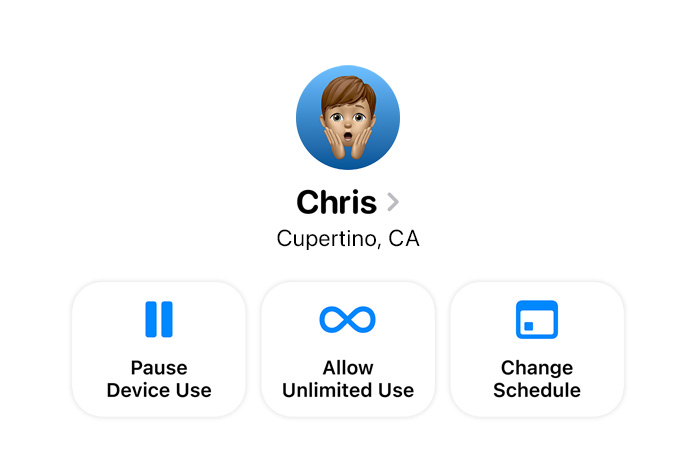 Settings app options for a parent to Pause Device Use, Allow Unlimited Use, or Change Schedule for their child
