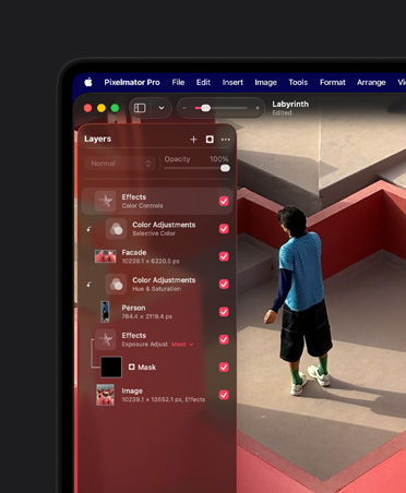 Layar MacBook Pro 16, Ilustrasi foto seorang laki-laki dalam labirin tiga dimensi yang bergaya