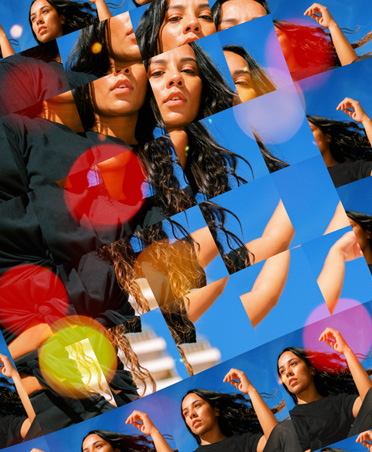 Grid foto seorang perempuan yang memperlihatkan detail berbeda dari foto yang sama