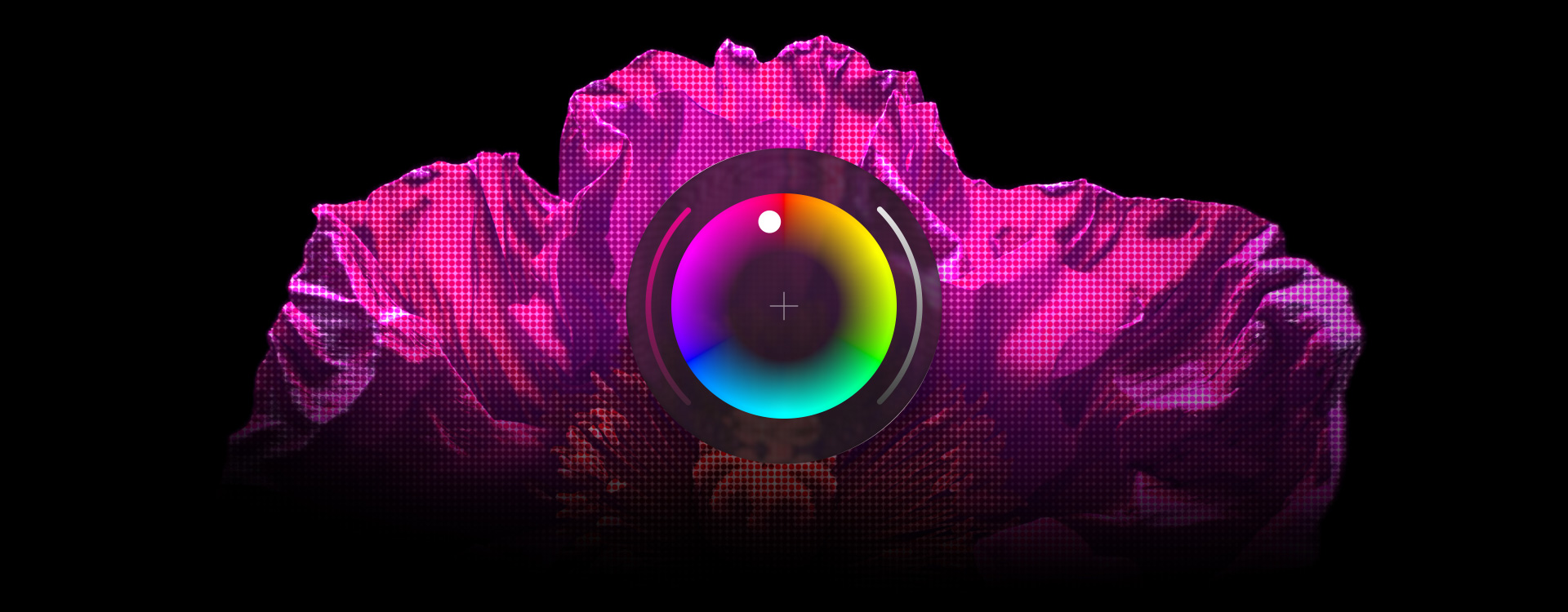 Objek bertekstur berwarna pink, alat Pemilih Warna Pixelmator Pro di tengah