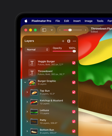 Layar MacBook Pro 16, ilustrasi burger penuh warna, alat penyusunan Pixelmator Pro