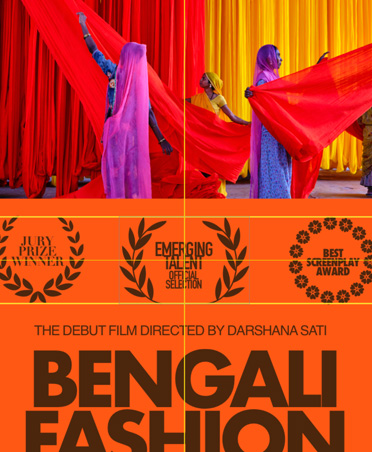 Poster film oranye dan hitam untuk Bengali Fashion Documentary dengan panduan cerdas horizontal dan vertikal di tengah gambar