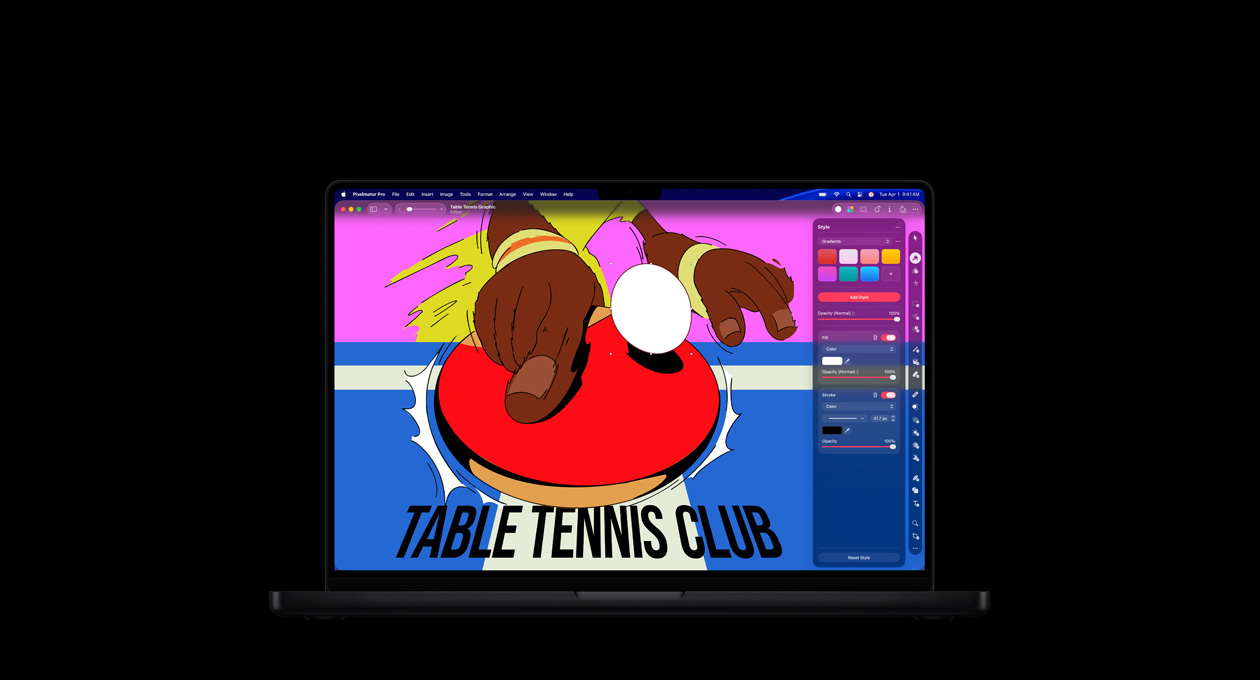 MacBook Pro 16 screen, colourful poster for Table Tennis Club, colour editing tools
